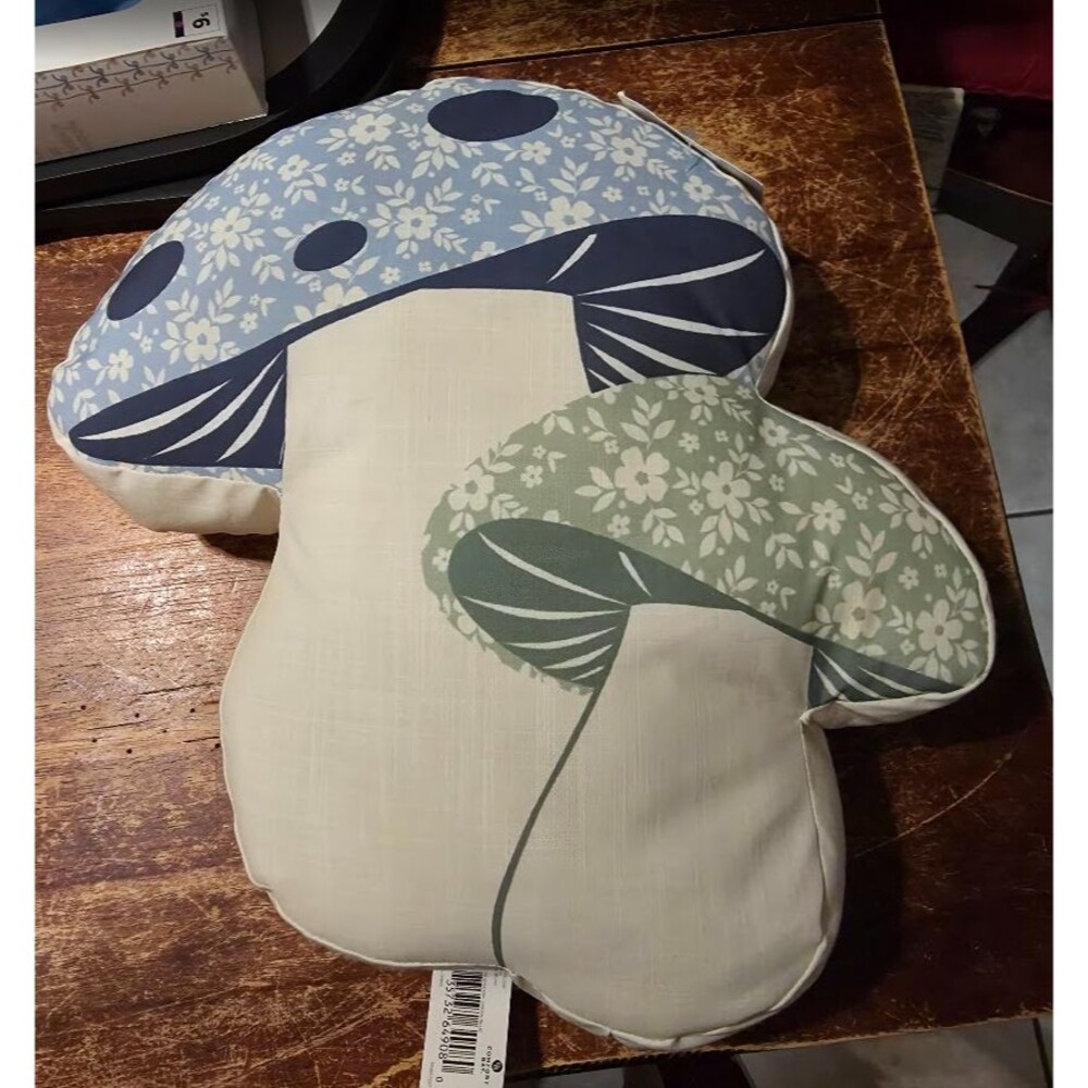 Comfort Bay Toss Pillow Blue & Green  Floral Mushrooms 14 "x 15" NWT